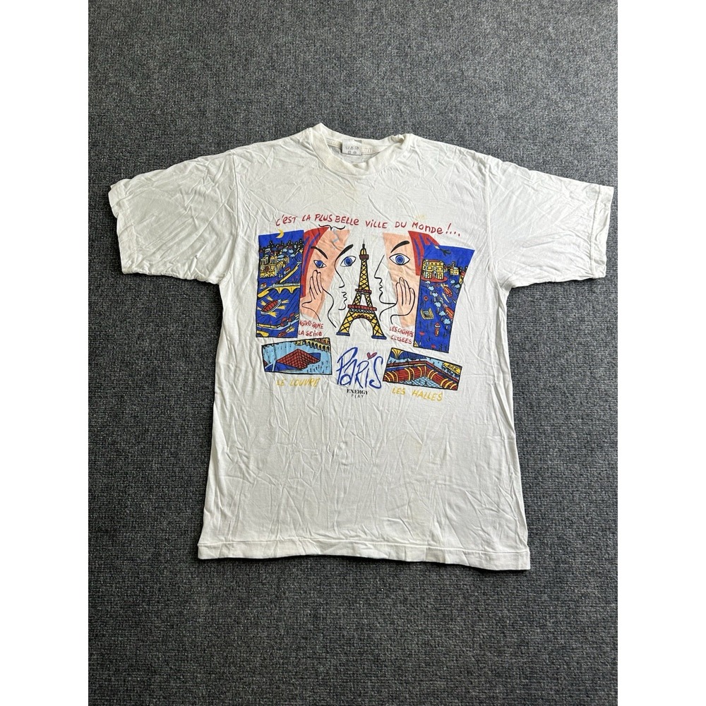 Men's 90s Paris France Energy Play Graphic T-Shirt Eiffel Tower, Size L